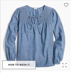 J.Crew Denim tie-neck smocked top Sz L